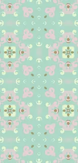 Elegant pastel mandala design wallpaper with mint and pink colors.