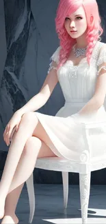 Elegant pink-haired figure in white dress seated against marble.