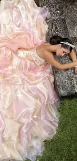 Elegant quinceañera dress in pastel hues for a mobile wallpaper.