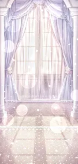 Elegant room with pastel drapes and sunlight streaming in.