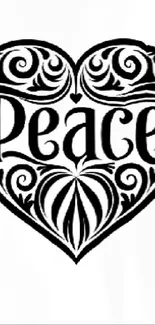 Elegant black and white heart wallpaper with 'Peace' text.