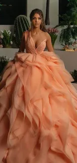 Woman in elegant peach gown against greenery.