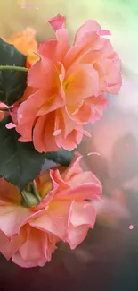 Elegant wallpaper featuring vibrant peach roses with green leaves.