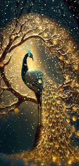 Elegant peacock with glowing tree background in golden hues.