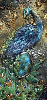 Intricate peacock art design wallpaper with vibrant colors.