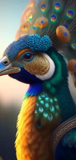 Vibrant and detailed peacock with colorful feathers in artistic mobile wallpaper.