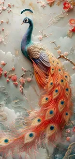 Artistic peacock with floral design wallpaper.