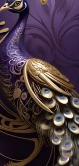 Elegant purple and gold peacock art wallpaper for mobile.