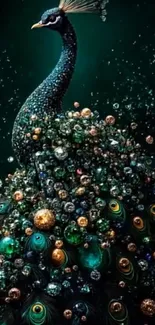 Elegant peacock with gem-adorned feathers in dark background.