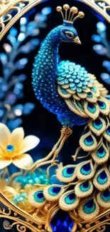 Elegant peacock artwork with blue and gold design.