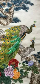 Elegant hand-painted peacock with flowers on tree branches.