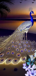 Majestic peacock with glowing feathers at sunset by the beach.