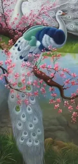 Elegant peacock among cherry blossoms on serene wallpaper.