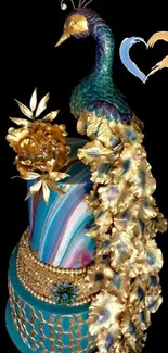 Elegant peacock cake with gold, teal, and intricate details against a black background.