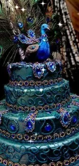 Peacock-themed cake with teal detailing and feather accents.