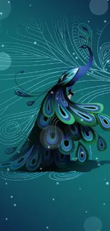 Artistic peacock in blue-green hues on a mobile wallpaper background.