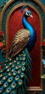 Elegant peacock in a decorative digital frame with vivid colors.