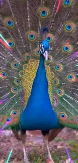 A vibrant peacock displaying its colorful feathers against a natural backdrop.