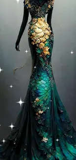 Peacock-inspired gown mobile wallpaper in blue and gold hues.