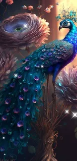 Fantasy peacock with vibrant feathers in an artistic floral design.