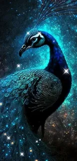 Illustration of a majestic peacock with glowing blue feathers in a fantasy setting.