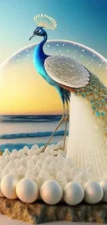 Majestic peacock in a surreal fantasy scene with artistic elegance.