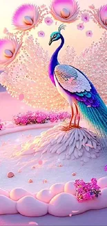 Fantasy peacock with vibrant feathers and pink backdrop.