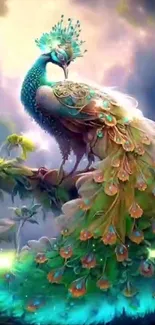 Fantasy artwork of a majestic peacock with vibrant colors and intricate details.