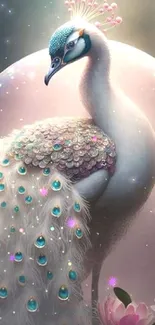 Elegant peacock in a fantasy setting with pink and blue highlights.