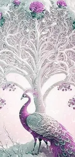 Elegant peacock with purple hues and mystical tree in fantasy style wallpaper.