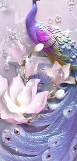 Mystical peacock with purple feathers and flowers wallpaper.