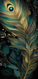 Intricate peacock feather art with blue and gold tones on mobile wallpaper.