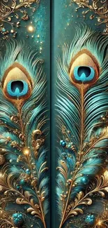 Elegant teal and gold peacock feathers mobile wallpaper design.
