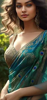 Woman in a vibrant peacock saree poses elegantly outdoors.