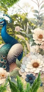 Peacock among vibrant florals in artistic wallpaper design.