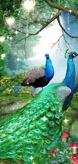 Vibrant peacocks in a lush forest scene with mushrooms and flowers.