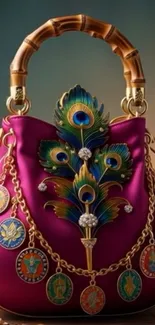 Elegant purple handbag with peacock feather design.