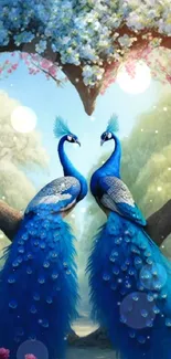 Two peacocks forming a heart under a vibrant floral arch.