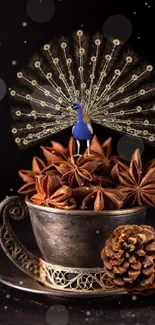 Peacock standing inside a vintage teacup with star anise.