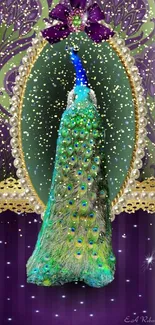 Elegant peacock wallpaper with ornate purple and gold design.