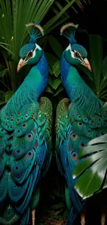 Two elegant peacocks in a lush jungle setting, showcasing vibrant feathers.