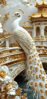 Elegant peacock on an ornate bridge with floral details.