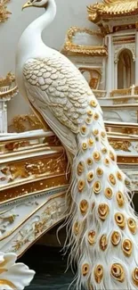 Elegant white peacock with gold accents and ornate background.