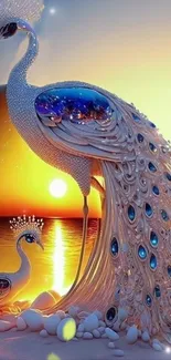 Artistic peacock with jeweled feathers at sunset, perfect for mobile wallpaper.