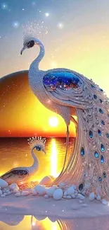 Elegant peacock and sunset on a beach in a stunning wallpaper.