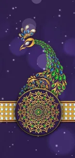 Elegant mobile wallpaper with a colorful peacock on a rich purple background.