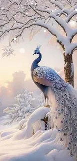 Elegant peacock in a snowy winter wonderland with frosted trees.