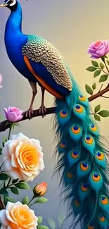 Peacock perched on a branch with vibrant roses, showcasing colorful feathers.