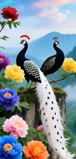 Elegant peacocks perched among colorful blossoms in a mountain scene.