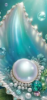 Luxurious aqua pearl and shell mobile wallpaper.